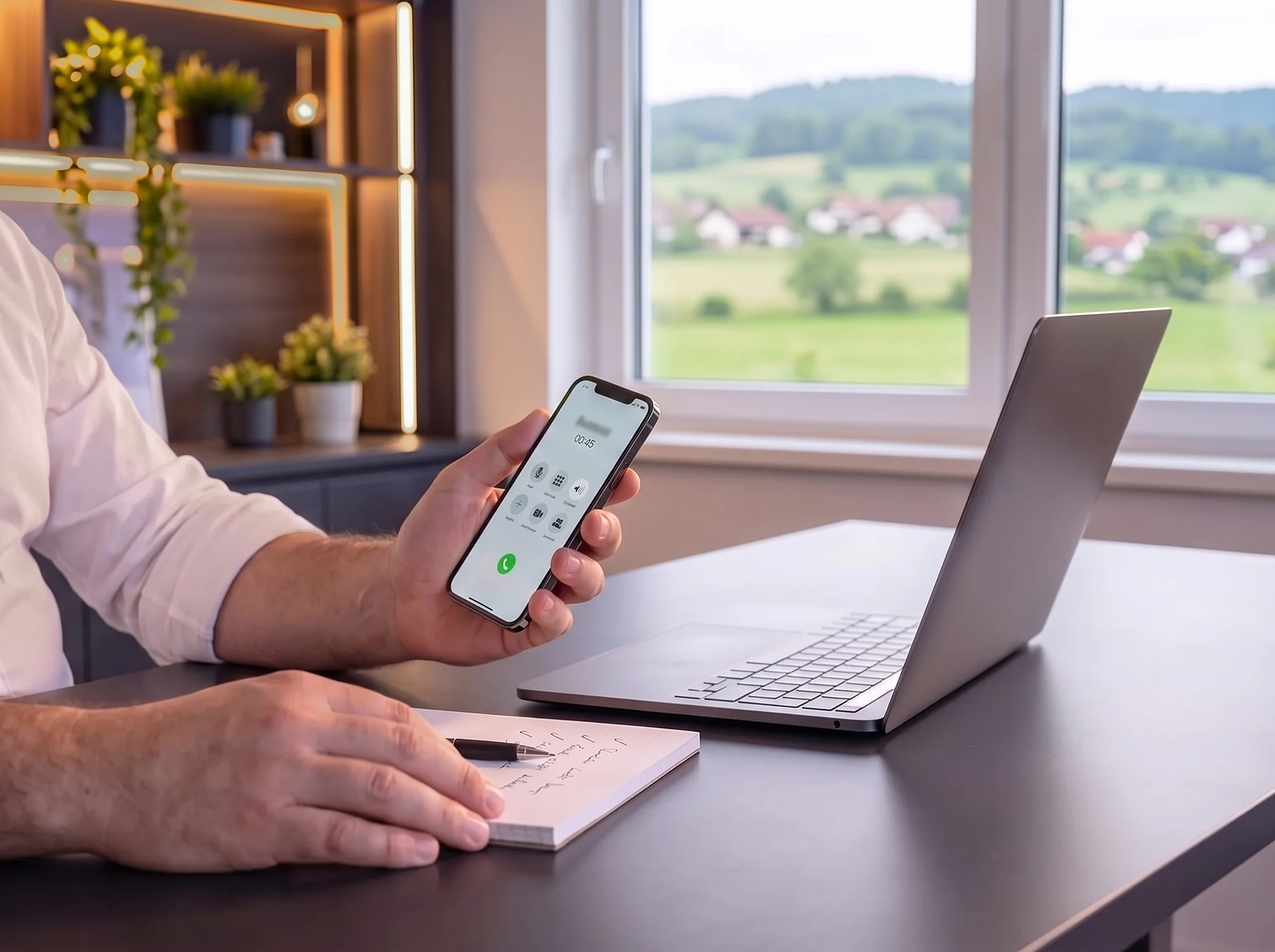 Hand hält ein Smartphone mit laufendem Anruf am Schreibtisch im Büro, dahinter Fenster mit Blick auf Felder und Dorf