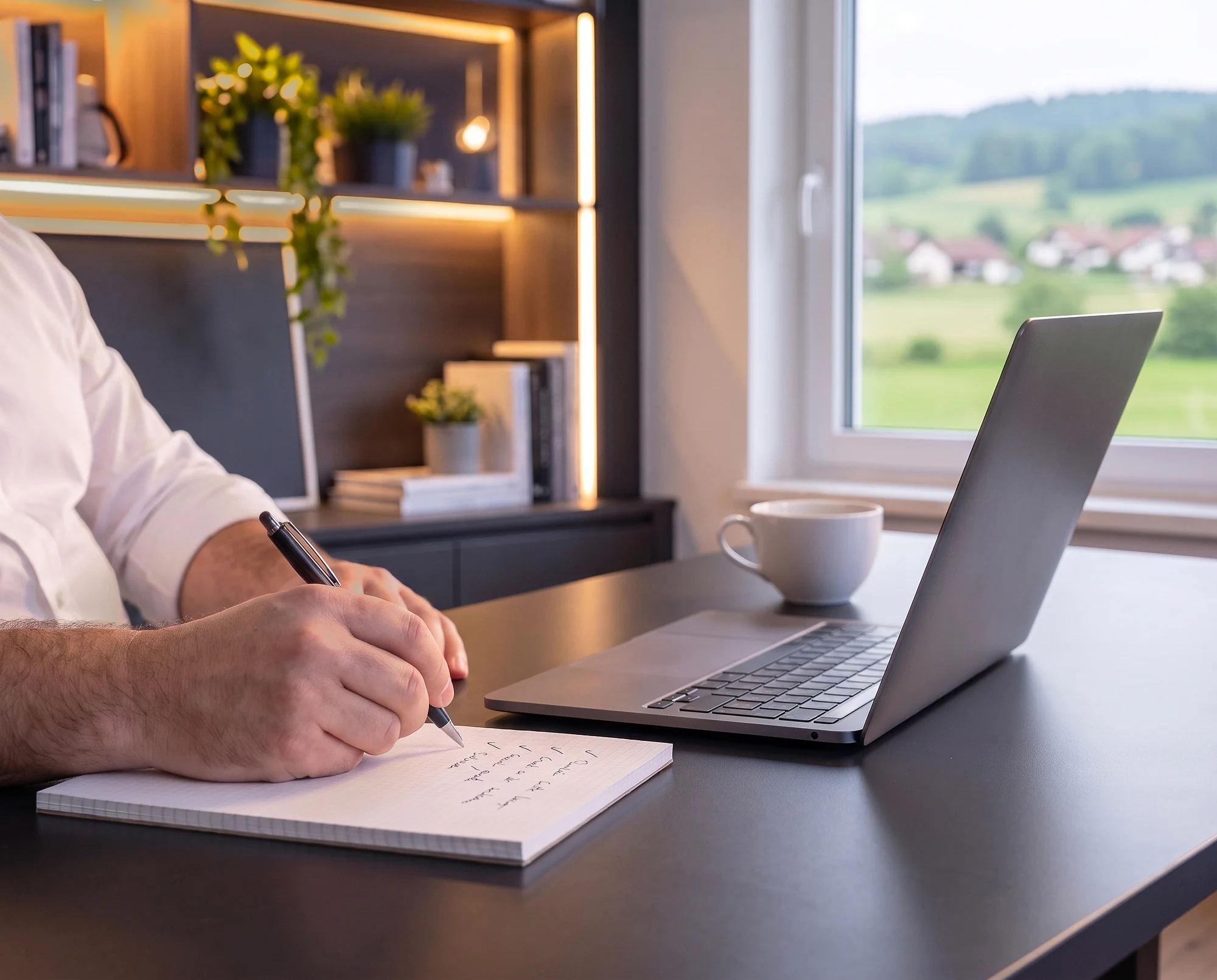 Notizen mit Stift neben dem Laptop am Schreibtisch im Büro