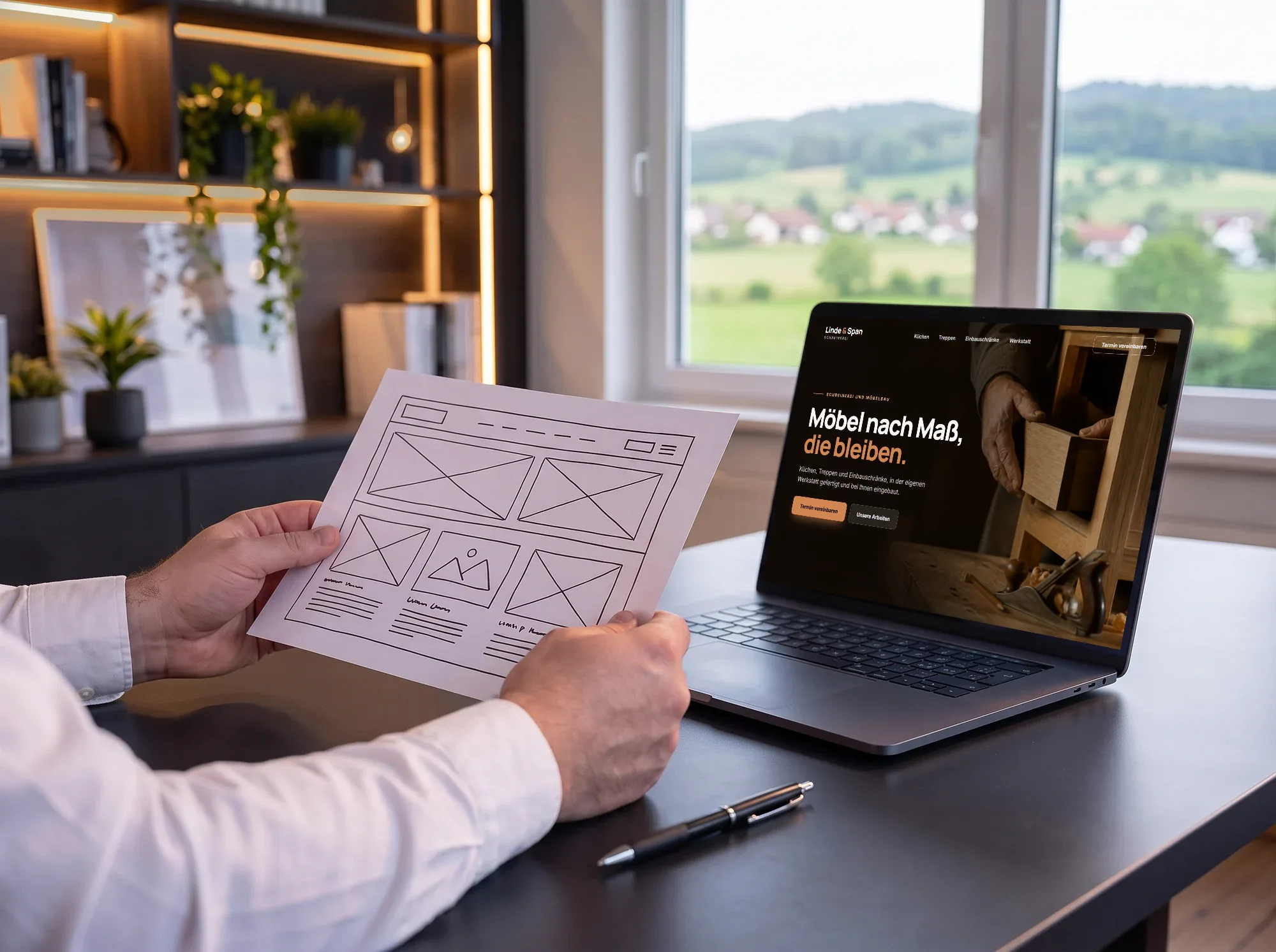Hände halten die Skizze einer Webseite neben dem Laptop, auf dem der Entwurf einer Schreinerei-Webseite zu sehen ist