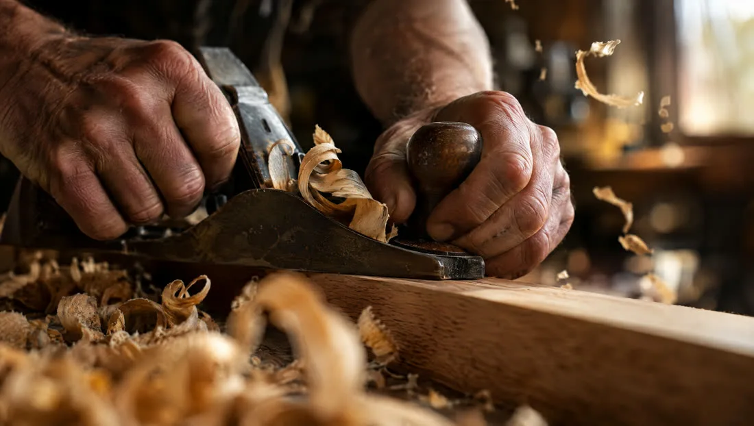 Hände eines Handwerkers hobeln Holz, Späne fallen