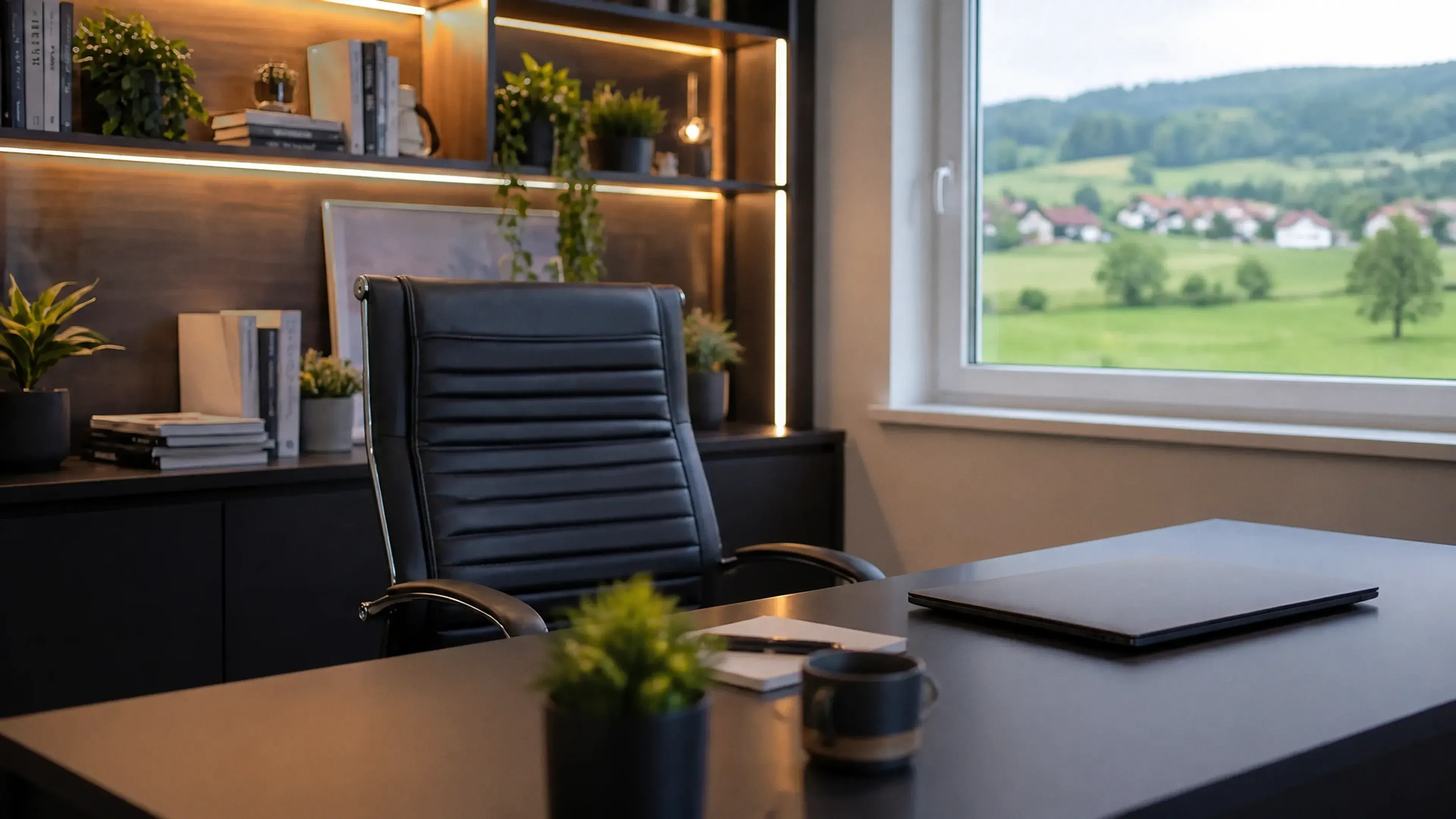 Das Büro von Mittelstandskraft: leerer schwarzer Ledersessel an einem schwarzen Schreibtisch, dahinter ein Regal mit warmem Licht, rechts ein Fenster mit Blick auf Wiesen, Hügel und ein Dorf
