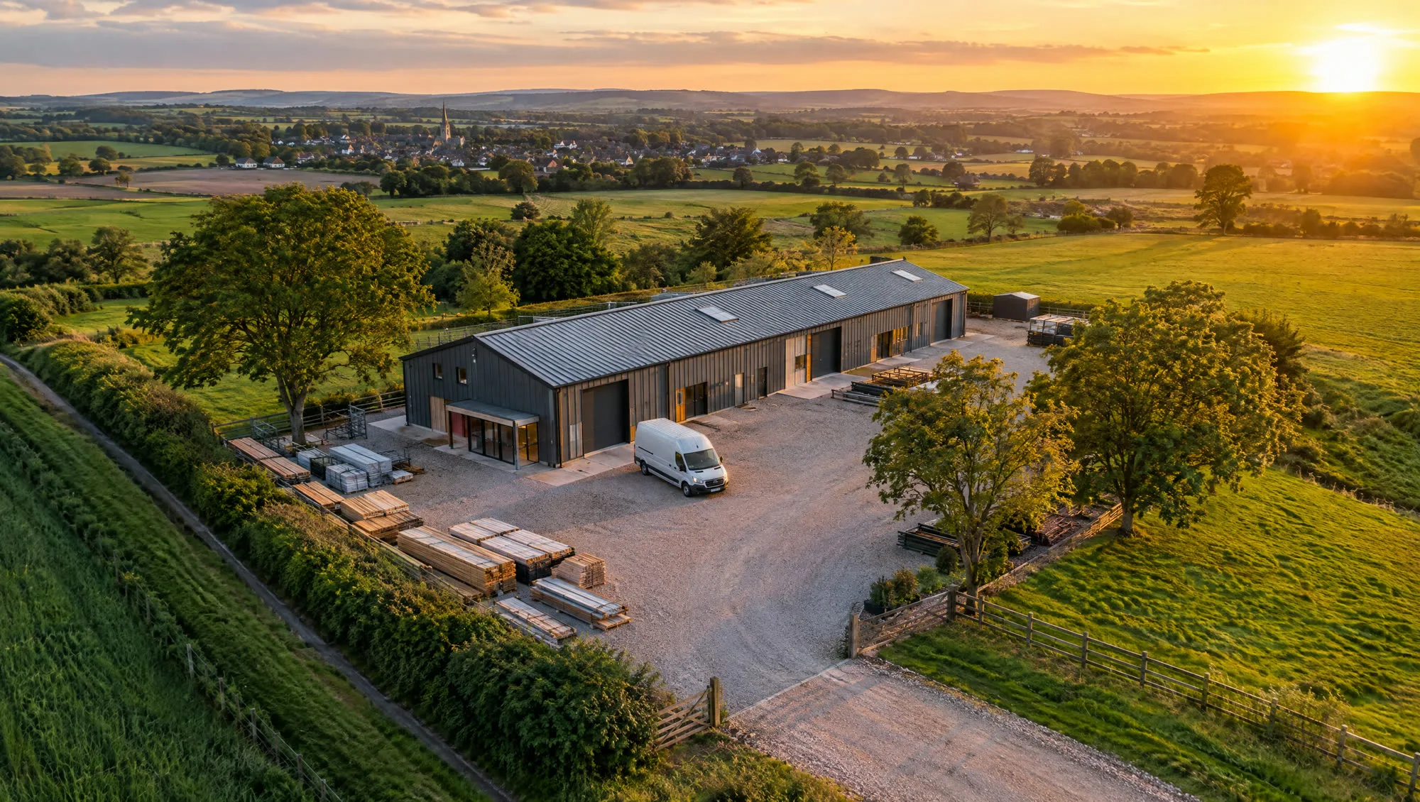 Luftaufnahme eines Handwerksbetriebs in der Landschaft
